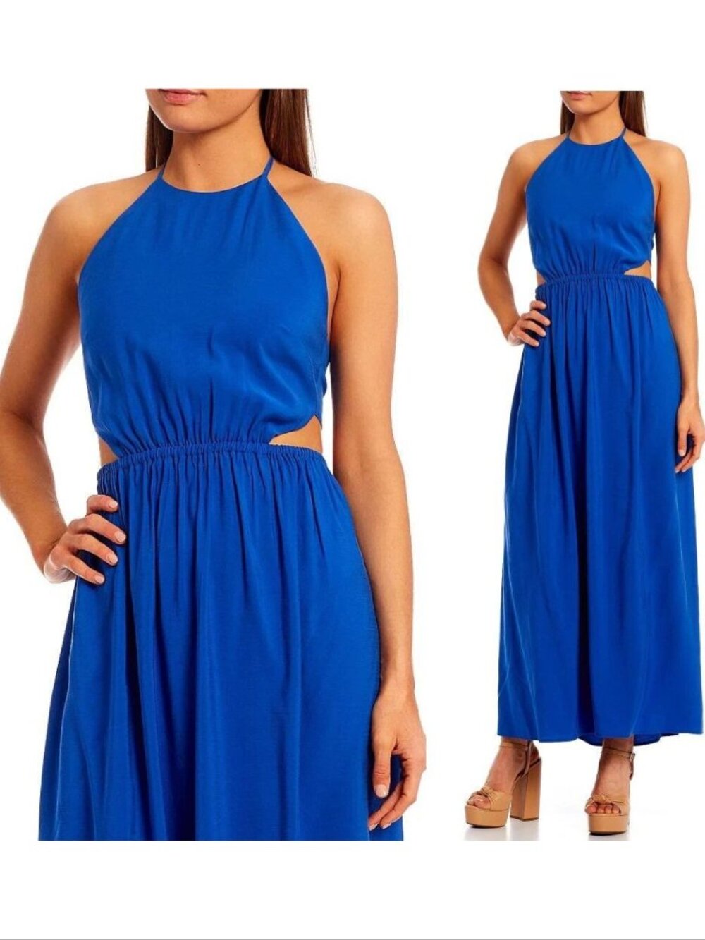 GIANNI BINI Trina Maxi DRESS M L XL Halter Sleeveless Cut Out Tie Back Blue NEW
